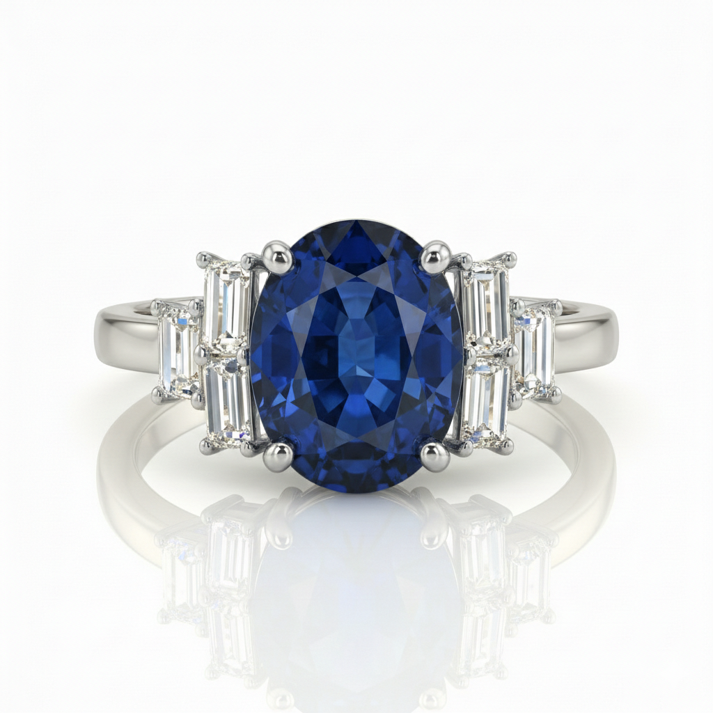 1.85ct Oval Cut Blue Sapphire Engagement Ring with Side Stones