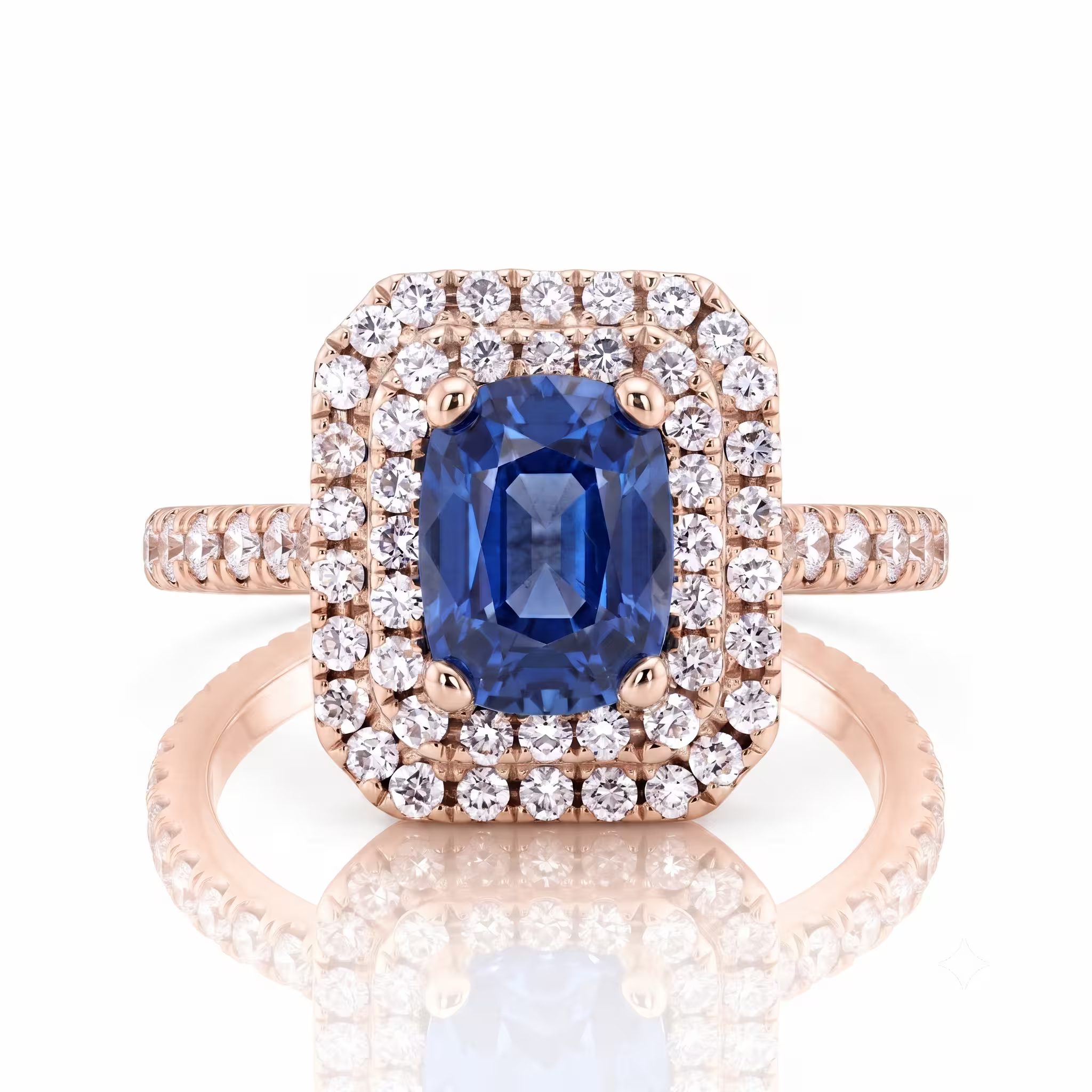 1.10ct Cushion Cut Blue Sapphire Double Halo Set Engagement Ring - 18K Gold Chloe's Jewellers