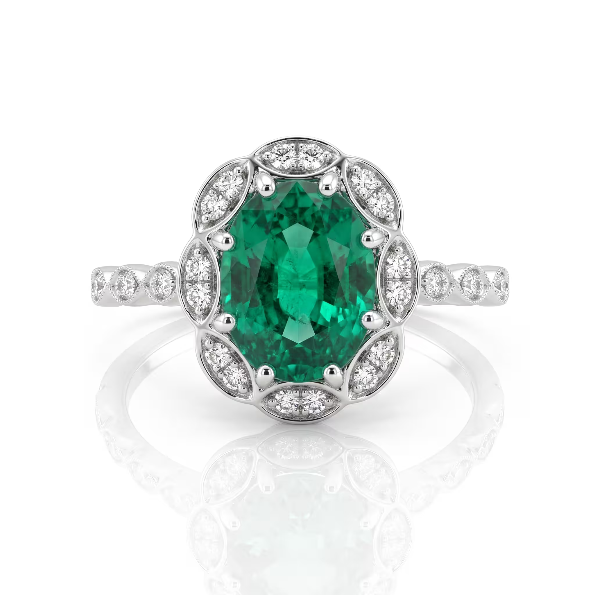 2.02ct Emerald Engagement Ring – Oval Halo, 18K Gold, F VS1 Diamonds