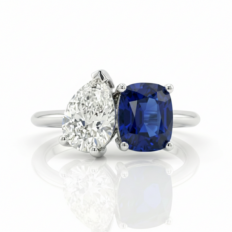 2 Stones Natural Pear & Blue Sapphire Cushion Cut Engagement Ring