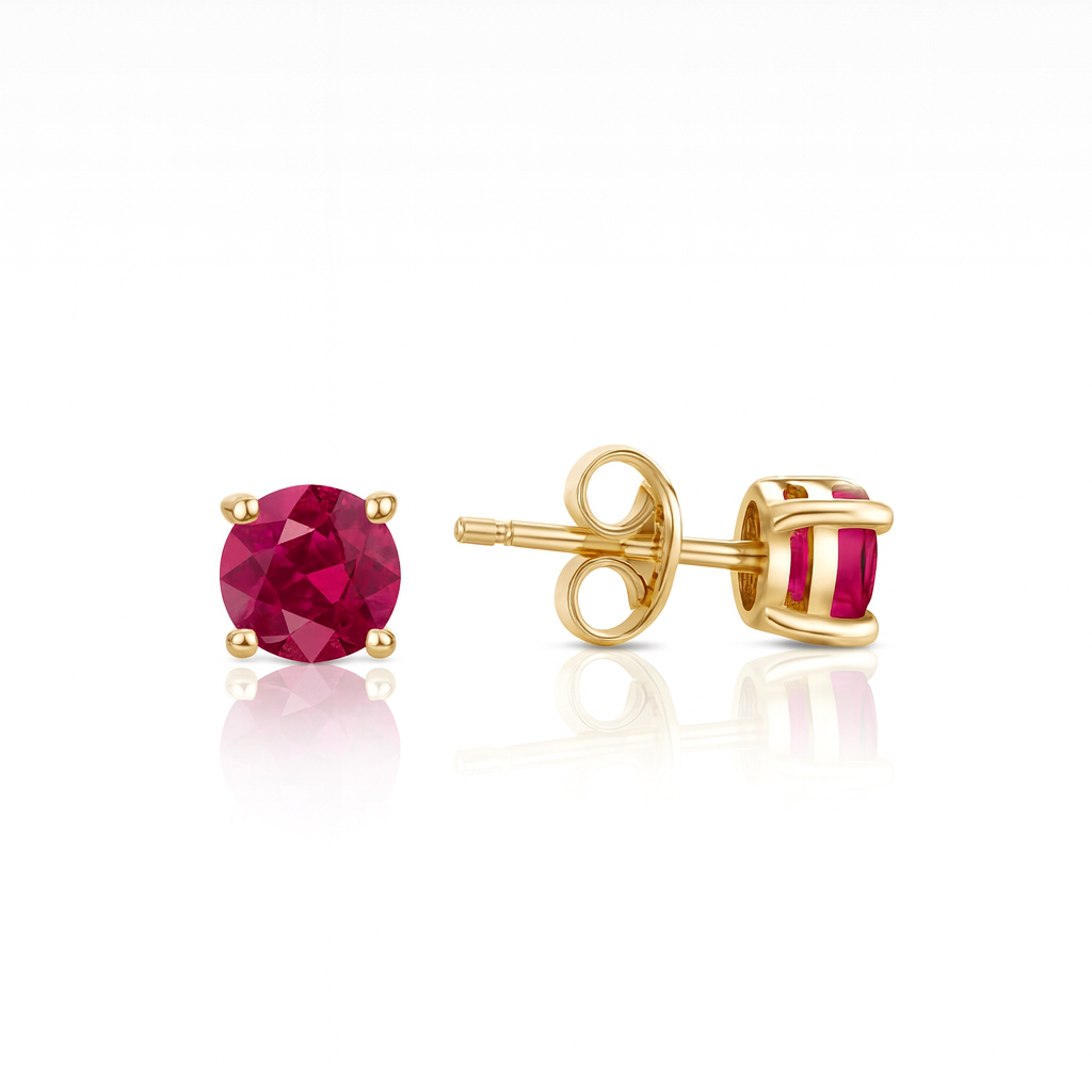 1.00CT Round Shape Ruby Stone Stud Earrings 18K Yellow Gold