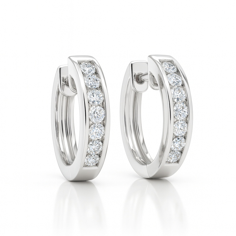 18K White Gold Channel Set Hoop Diamond Earrings 0.50CT
