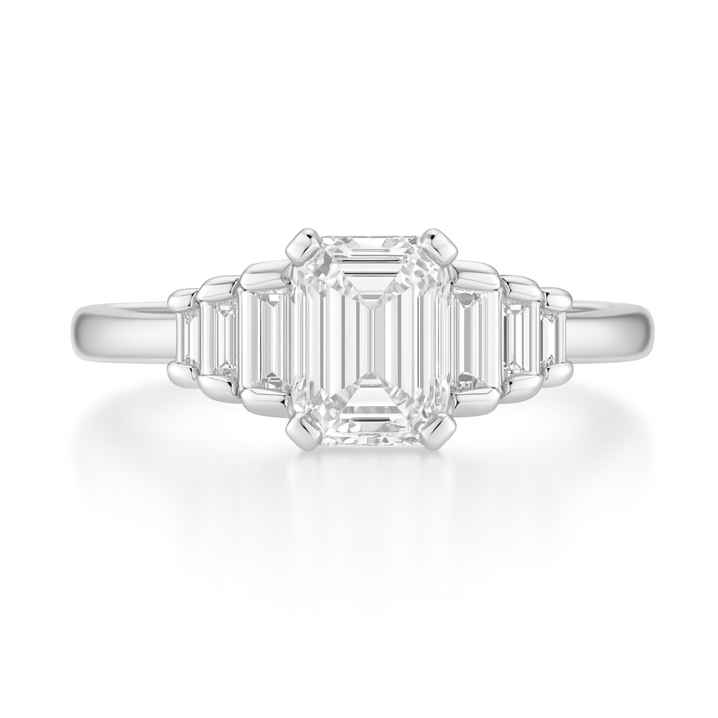 Natural Emerald Cut Diamond Shoulder Stone Setting Engagement Ring 0.71CT