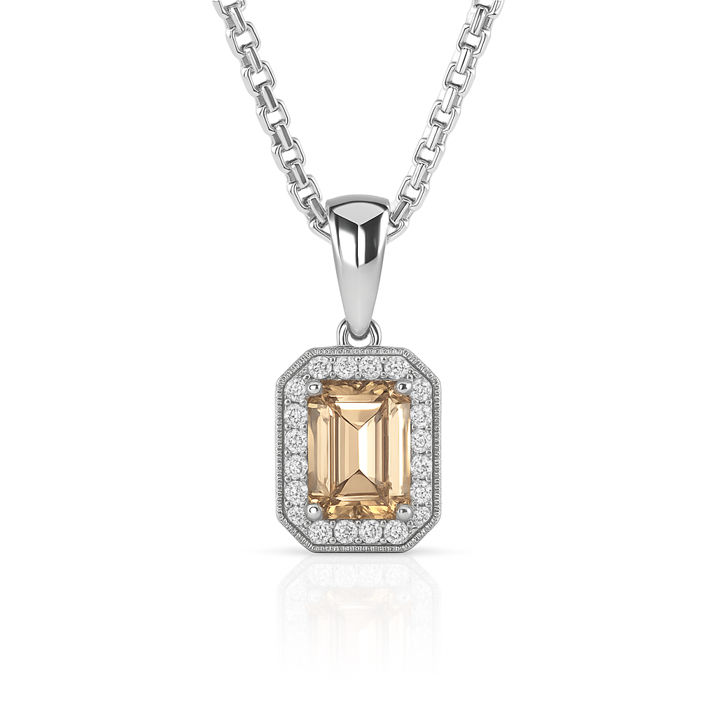 1.32CT GIA Natural Fancy Yellow Brown Emerald Cut Diamond Halo Set Pendant Necklace