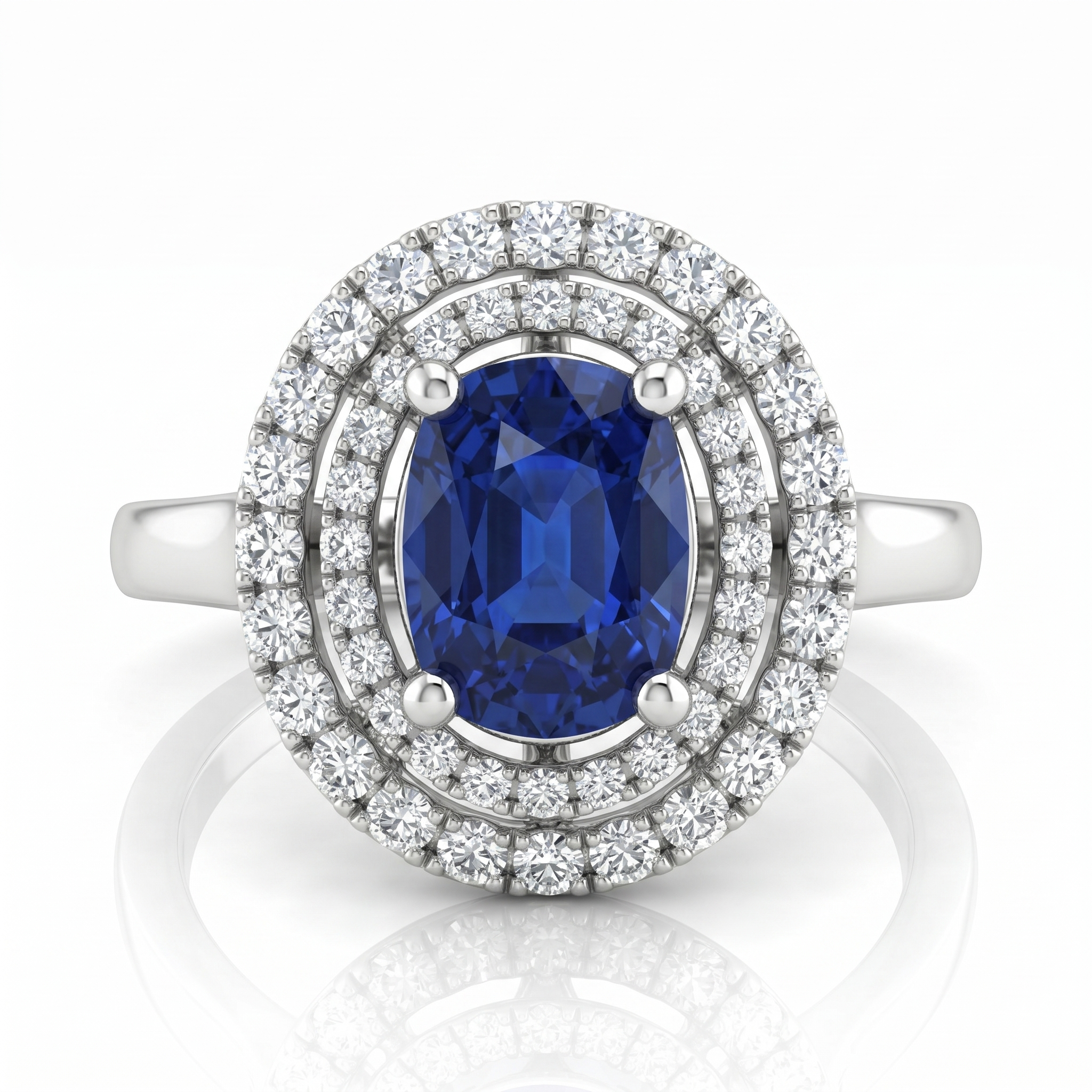 1.47ct Oval Cut Blue Sapphire Halo Setting Engagement Ring - 18K Gold