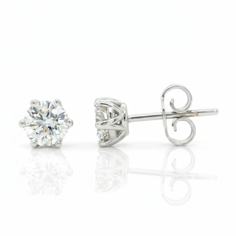 1.00ct Round Cut Natural Diamond Stud Earrings, 18ct White Gold