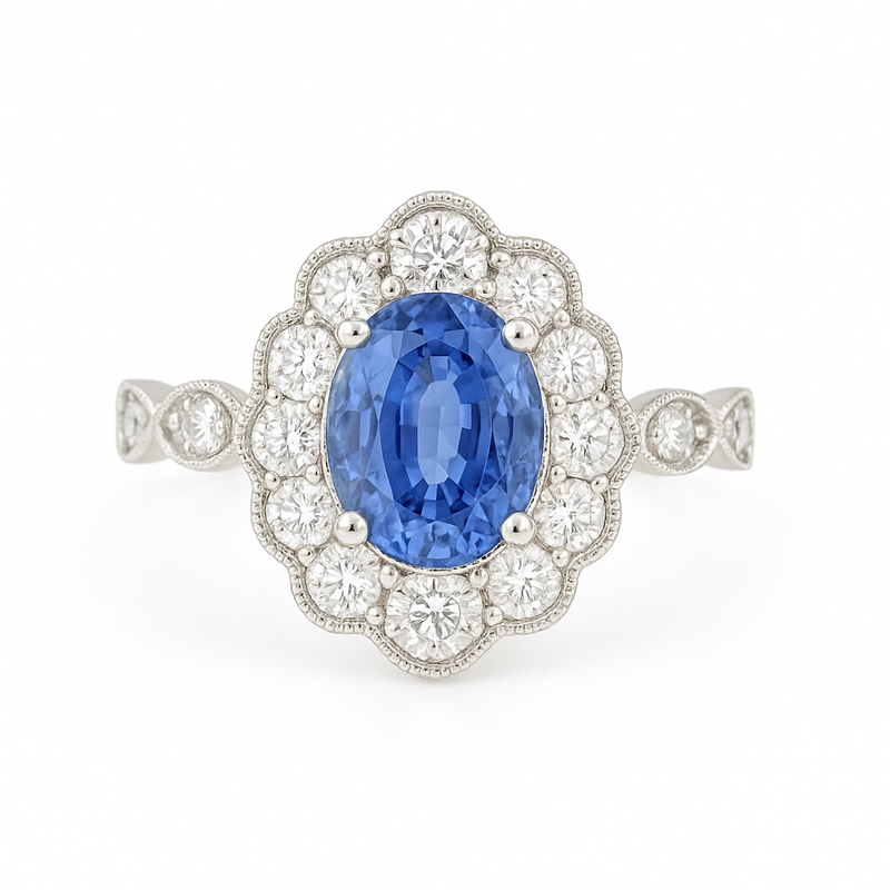 2.02ct Blue Sapphire Ring – Oval Halo, 18K Gold, F VS1 Diamonds