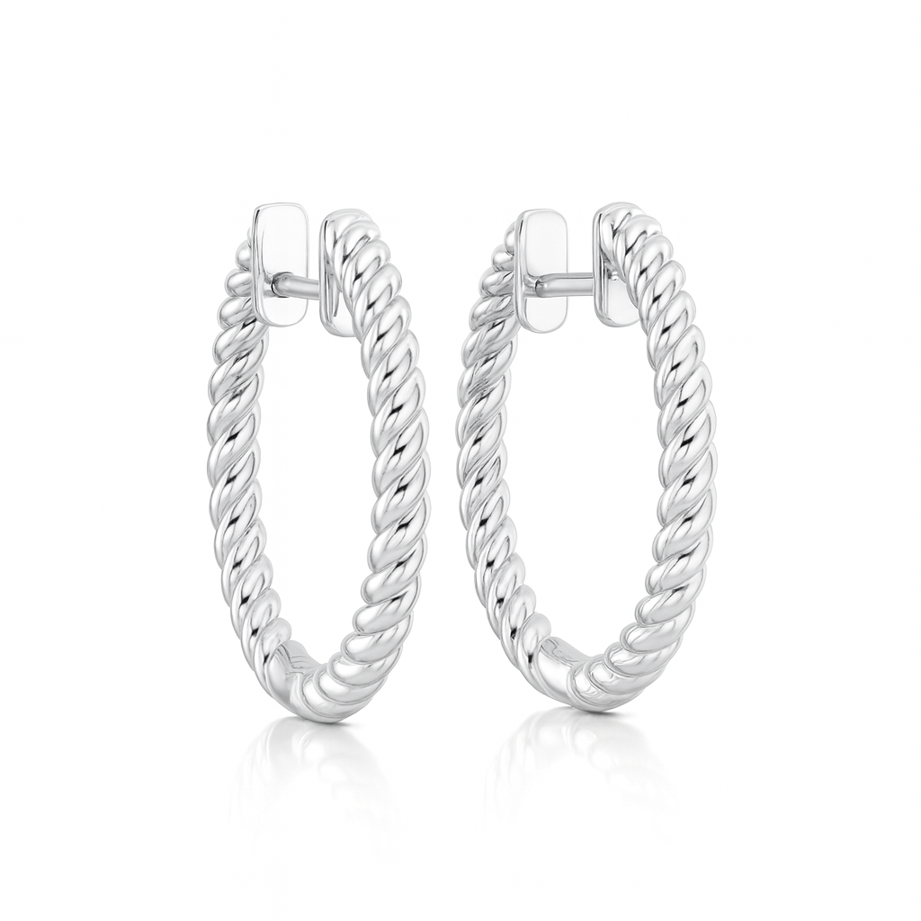 18K White Gold Claw Set Twisted Design Round Diamond Hoop Earrings 0.29CT