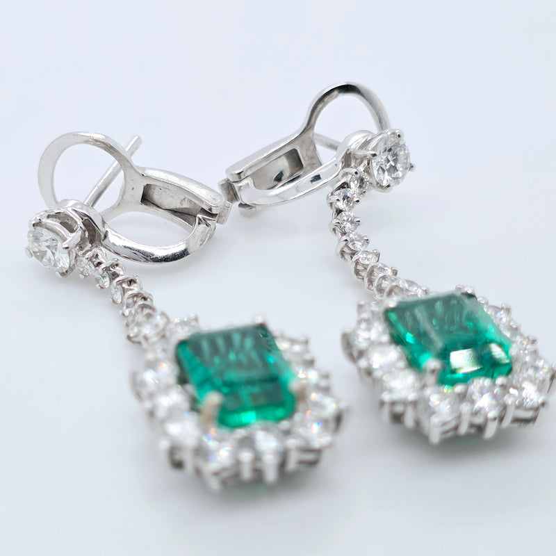 Antique emerald earrings, Halo setting drop earrings