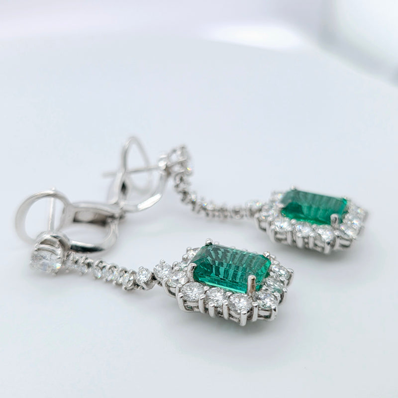 Antique emerald earrings, Halo setting drop earrings