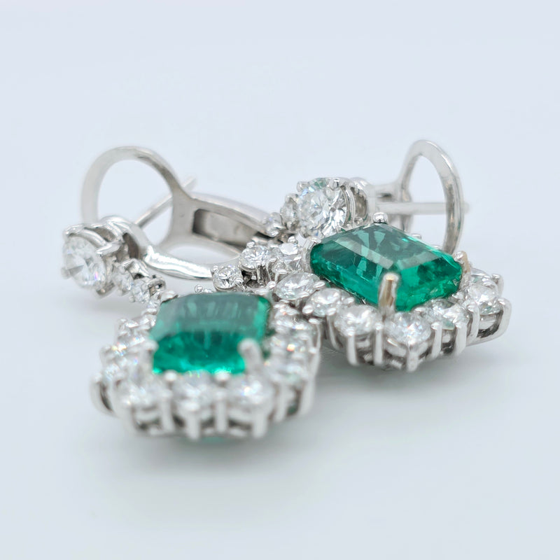 Antique emerald earrings, Halo setting drop earrings