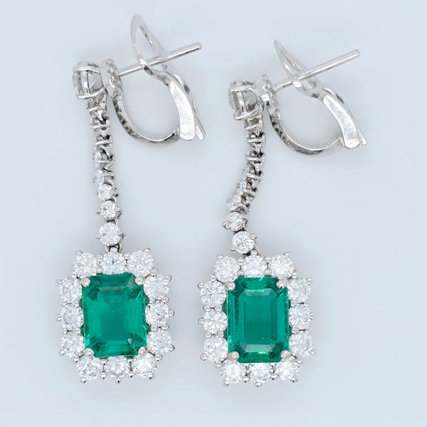 Antique emerald earrings, Halo setting drop earrings