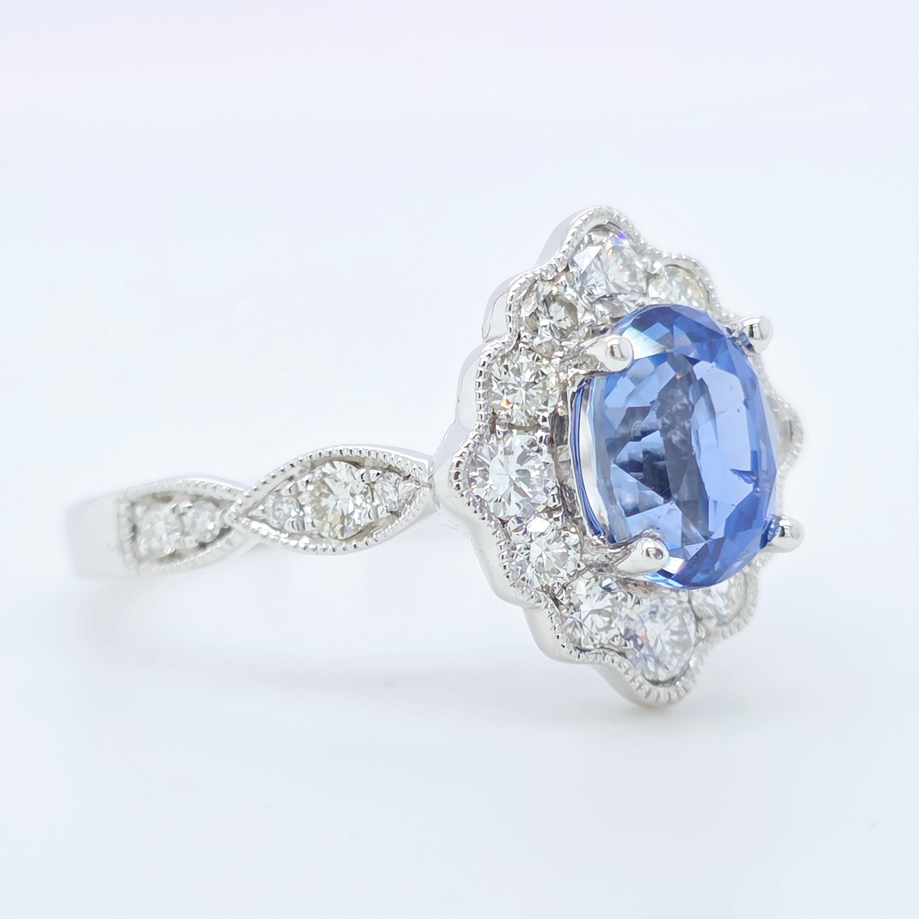 2.02ct Blue Sapphire Ring – Oval Halo, 18K Gold, F VS1 Diamonds