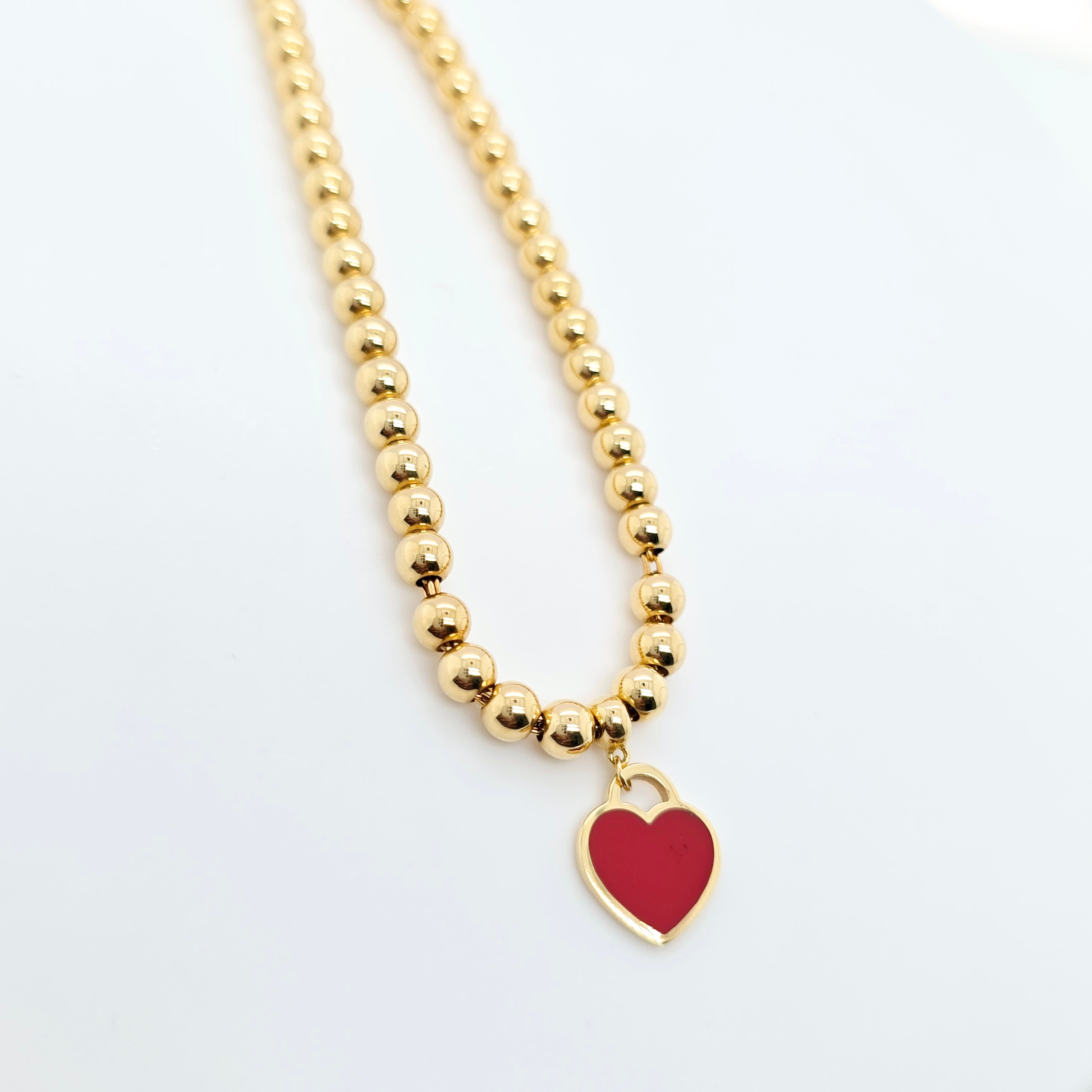 Tiffany & Co. Mini Heart Tag Bead Bracelet | 18K Gold | Red Enamel