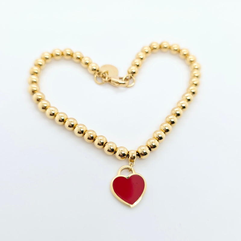 Tiffany & Co. Mini Heart Tag Bead Bracelet | 18K Gold | Red Enamel