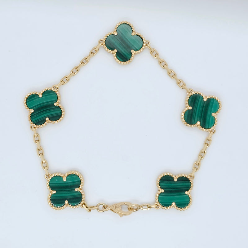 Van Cleef & Arpels Vintage Alhambra Malachite Bracelet,5 Motif, 18ct Yellow Gold