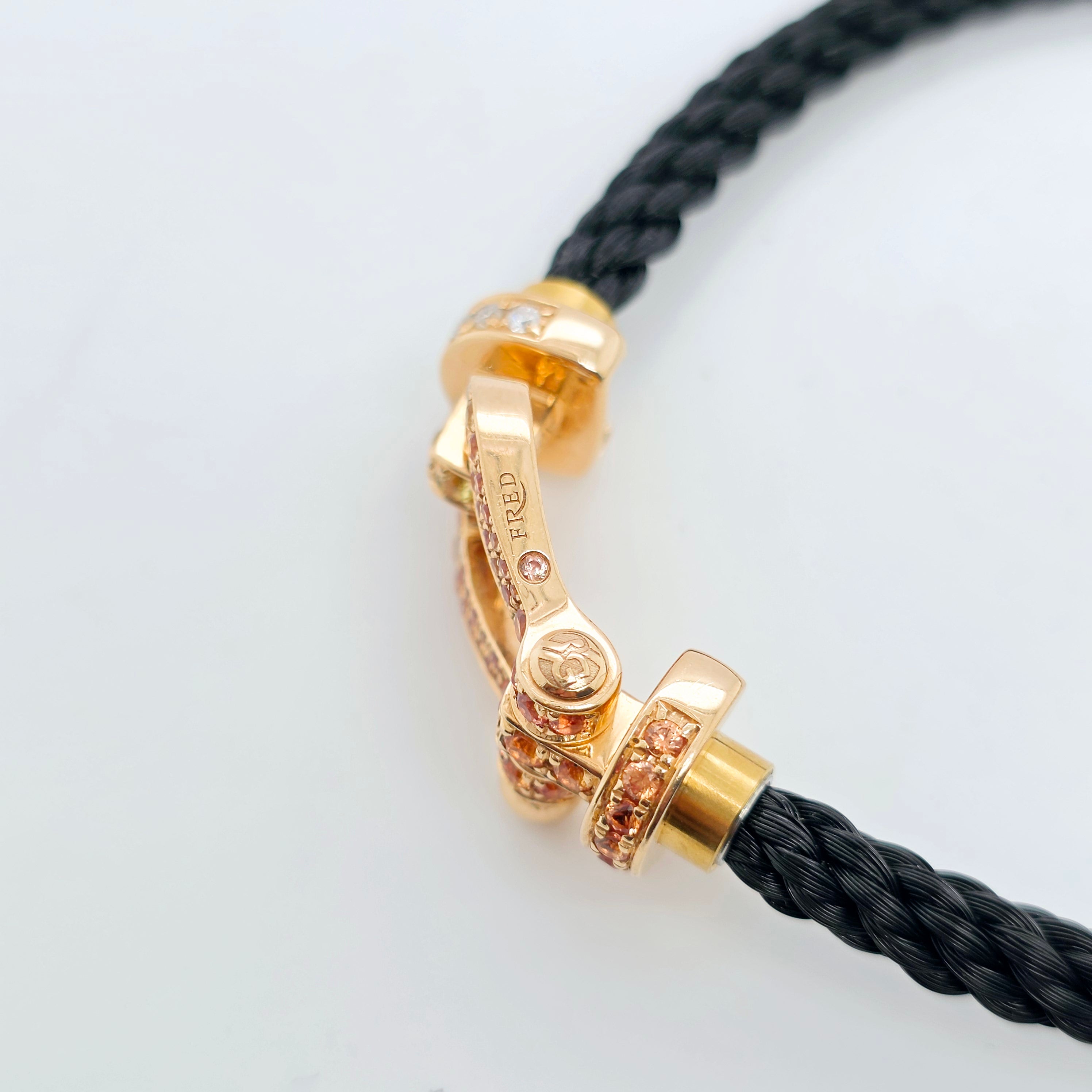 Fred Force 10 Bracelet, Large Model, 18ct Rose Gold, Diamond & Gems, Black Cable