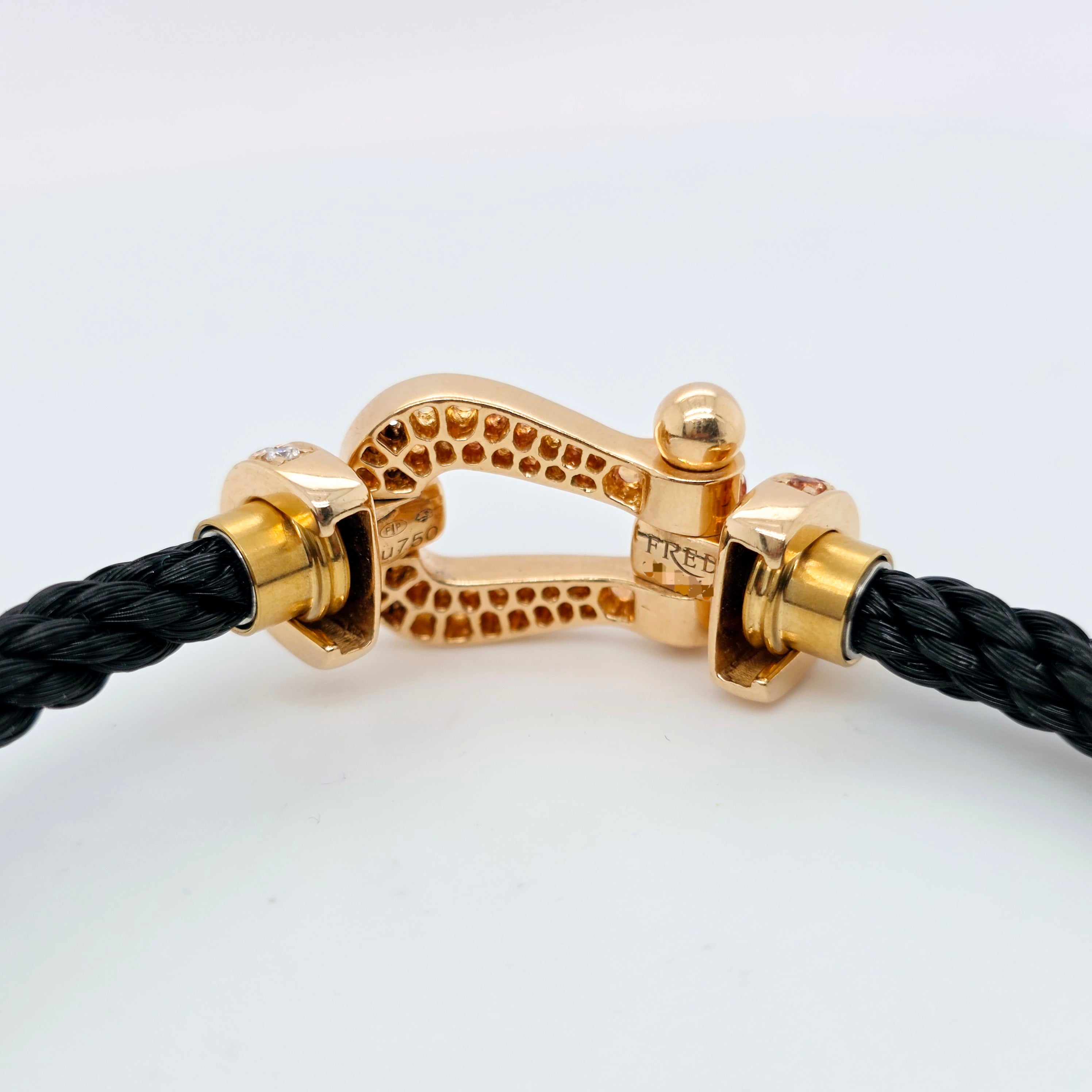 Fred Force 10 Bracelet, Large Model, 18ct Rose Gold, Diamond & Gems, Black Cable