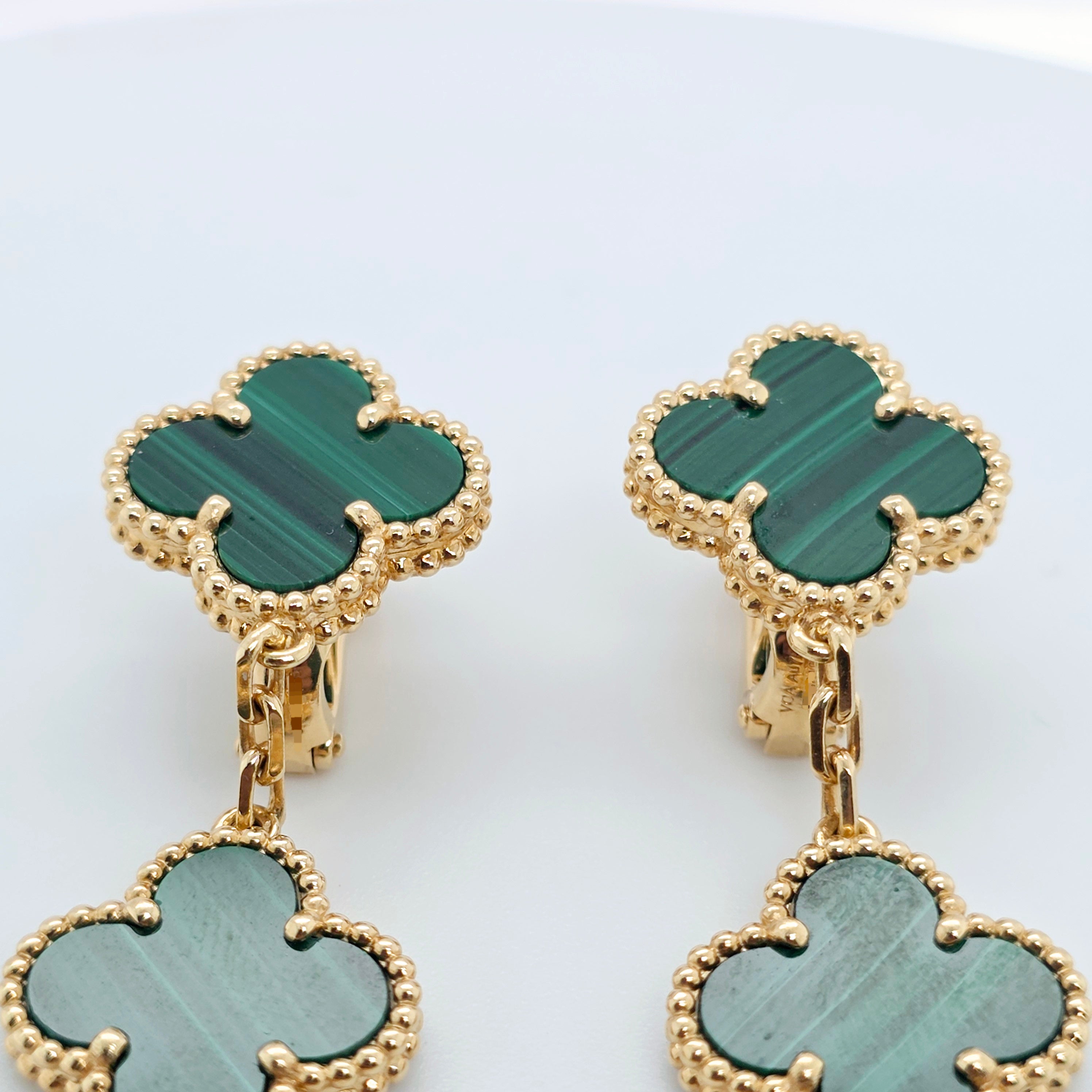 Van Cleef & Arpels Magic Alhambra Malachite 3 Motif Earrings, 18ct Yellow Gold Chloe's Jewellers