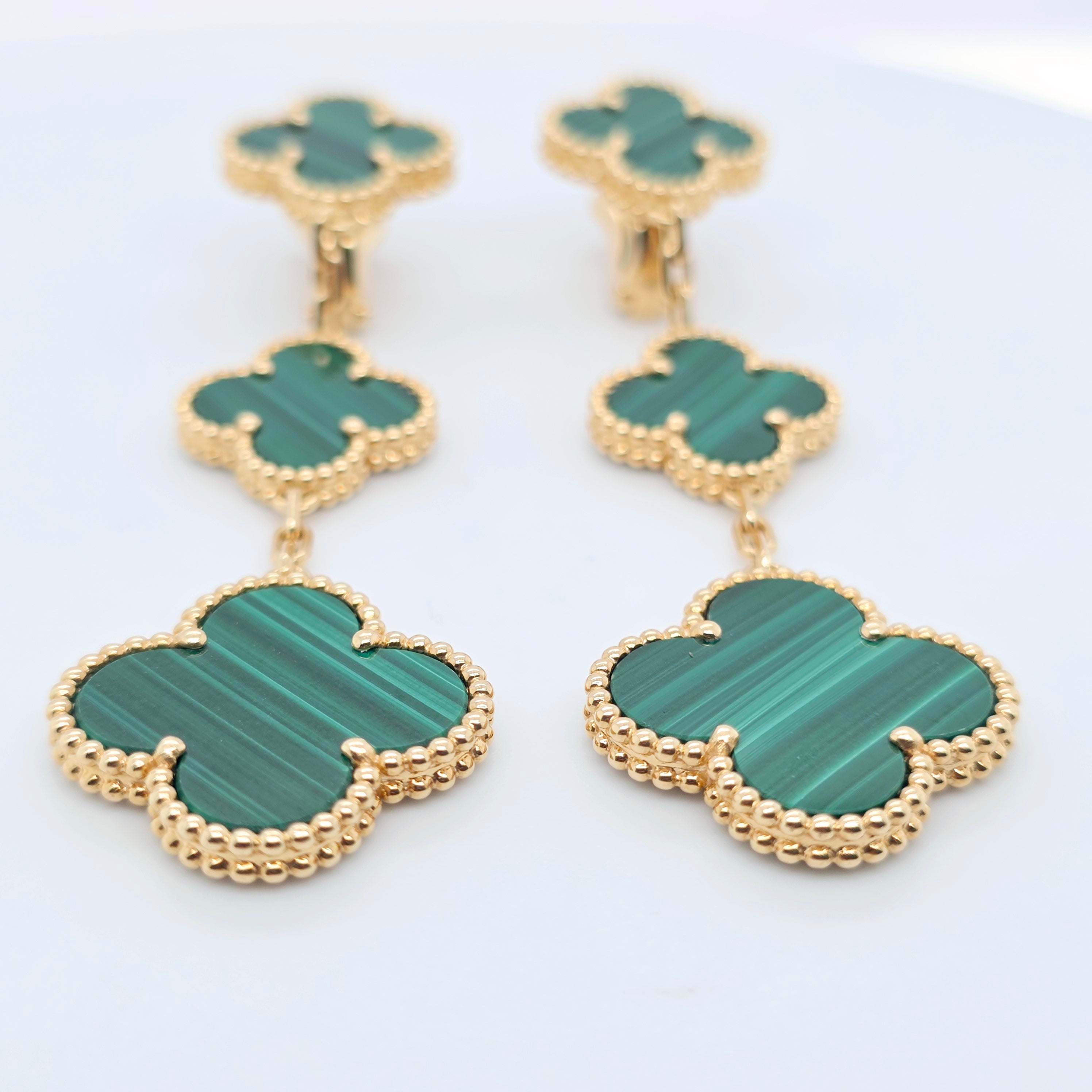 Van Cleef & Arpels Magic Alhambra Malachite 3 Motif Earrings, 18ct Yellow Gold Chloe's Jewellers