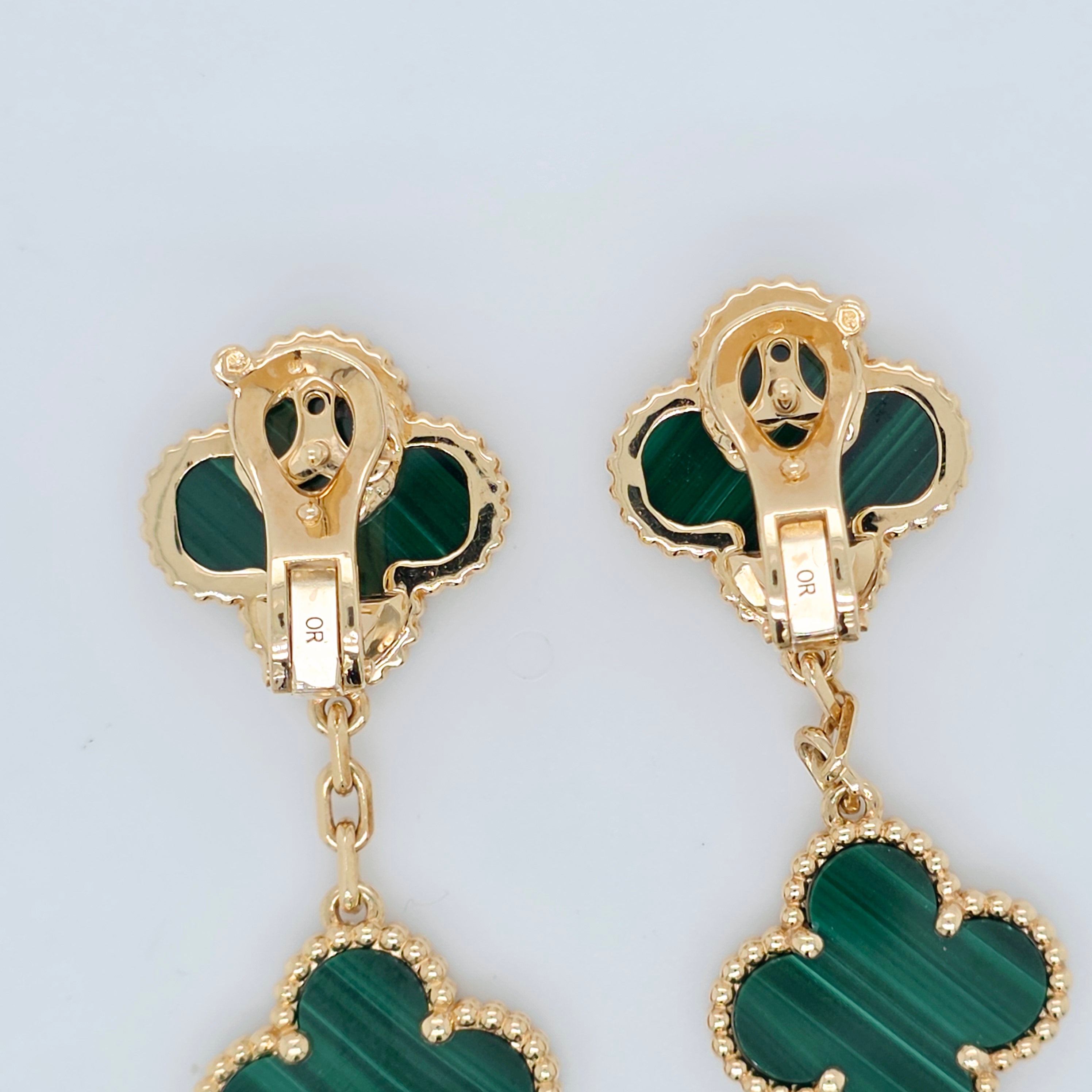 Van Cleef & Arpels Magic Alhambra Malachite 3 Motif Earrings, 18ct Yellow Gold Chloe's Jewellers