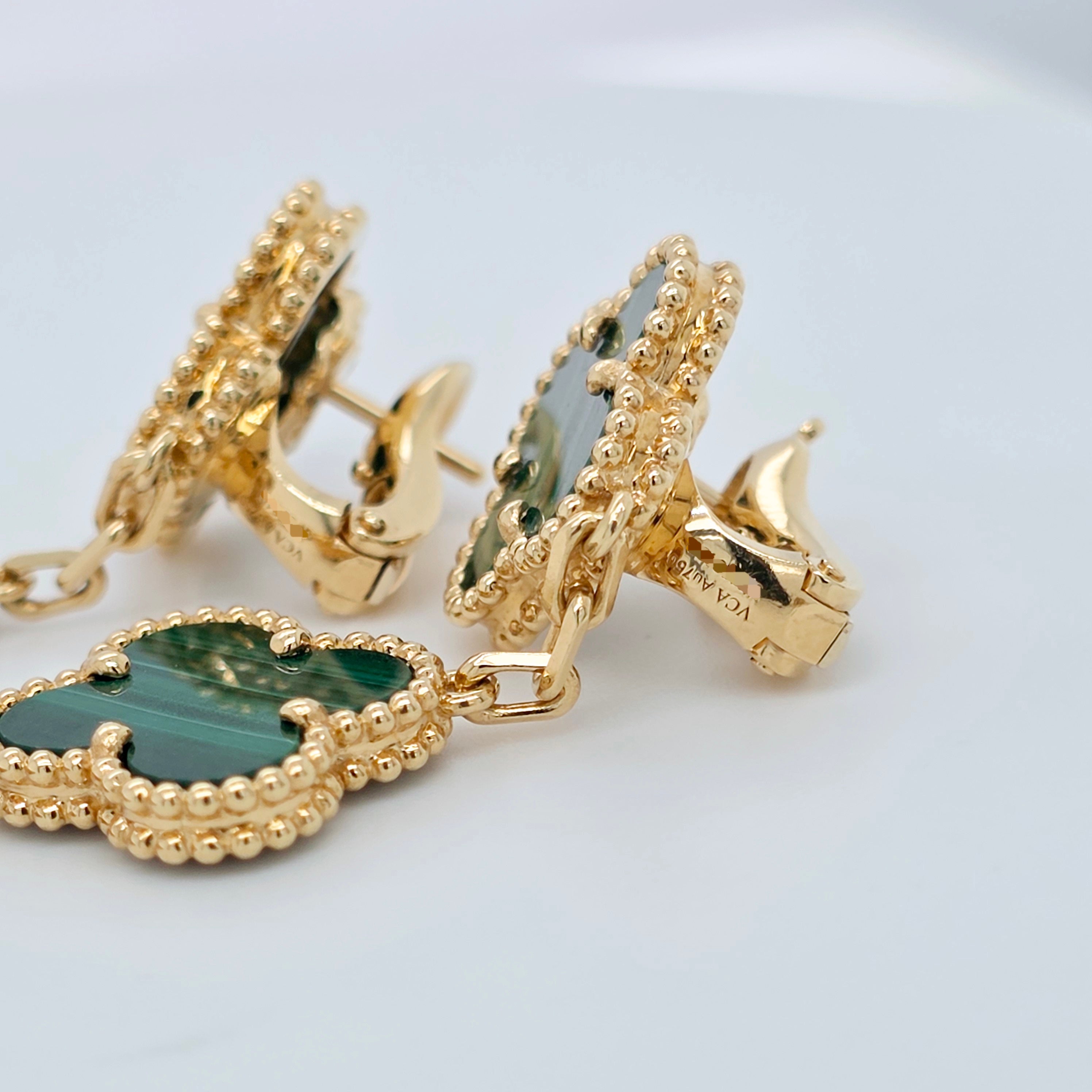 Van Cleef & Arpels Magic Alhambra Malachite 3 Motif Earrings, 18ct Yellow Gold Chloe's Jewellers