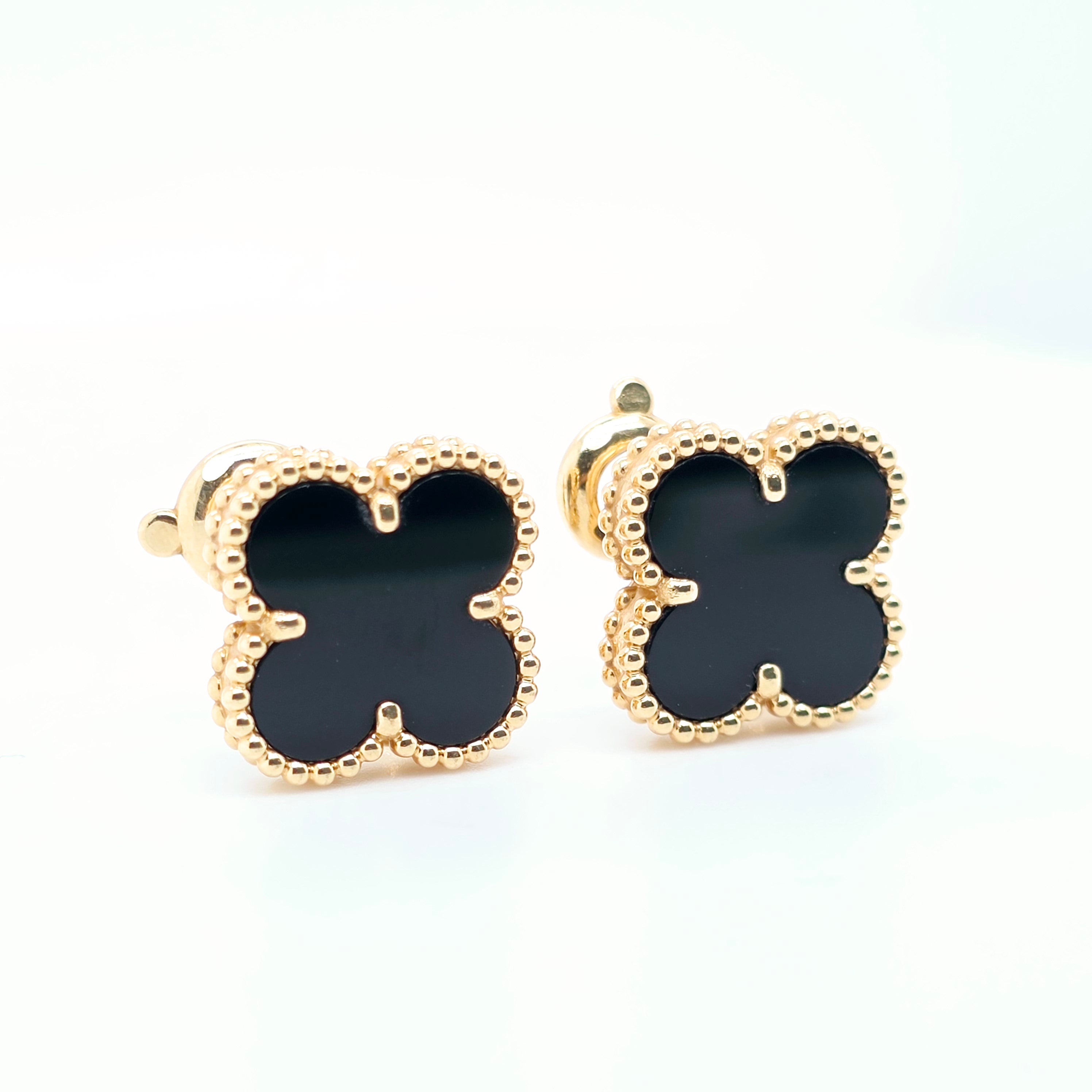 Van Cleef & Arpels Vintage Alhambra Onyx Stud Earrings, 18ct Yellow Gold, Box Chloe's Jewellers