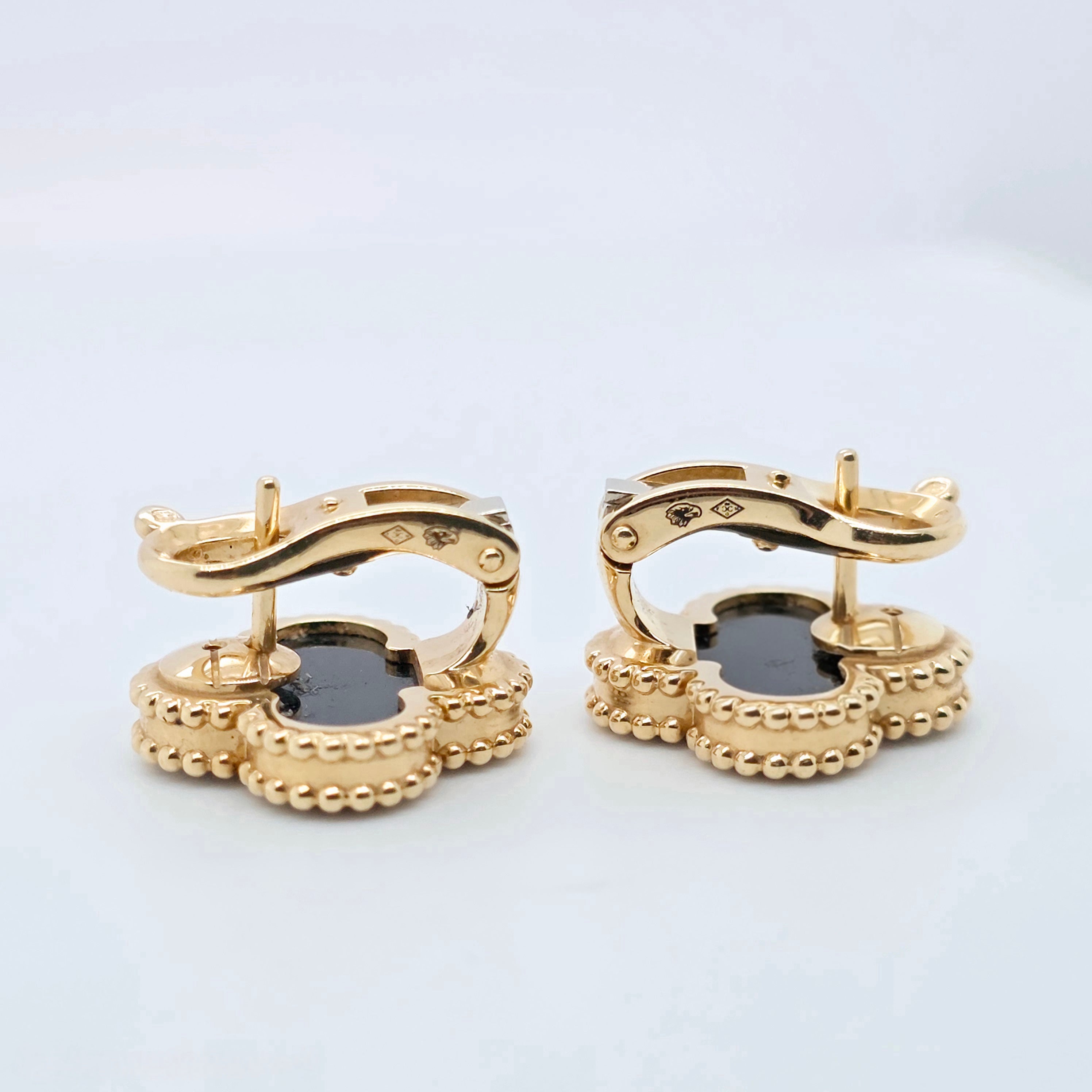 Van Cleef & Arpels Vintage Alhambra Onyx Stud Earrings, 18ct Yellow Gold, Box Chloe's Jewellers
