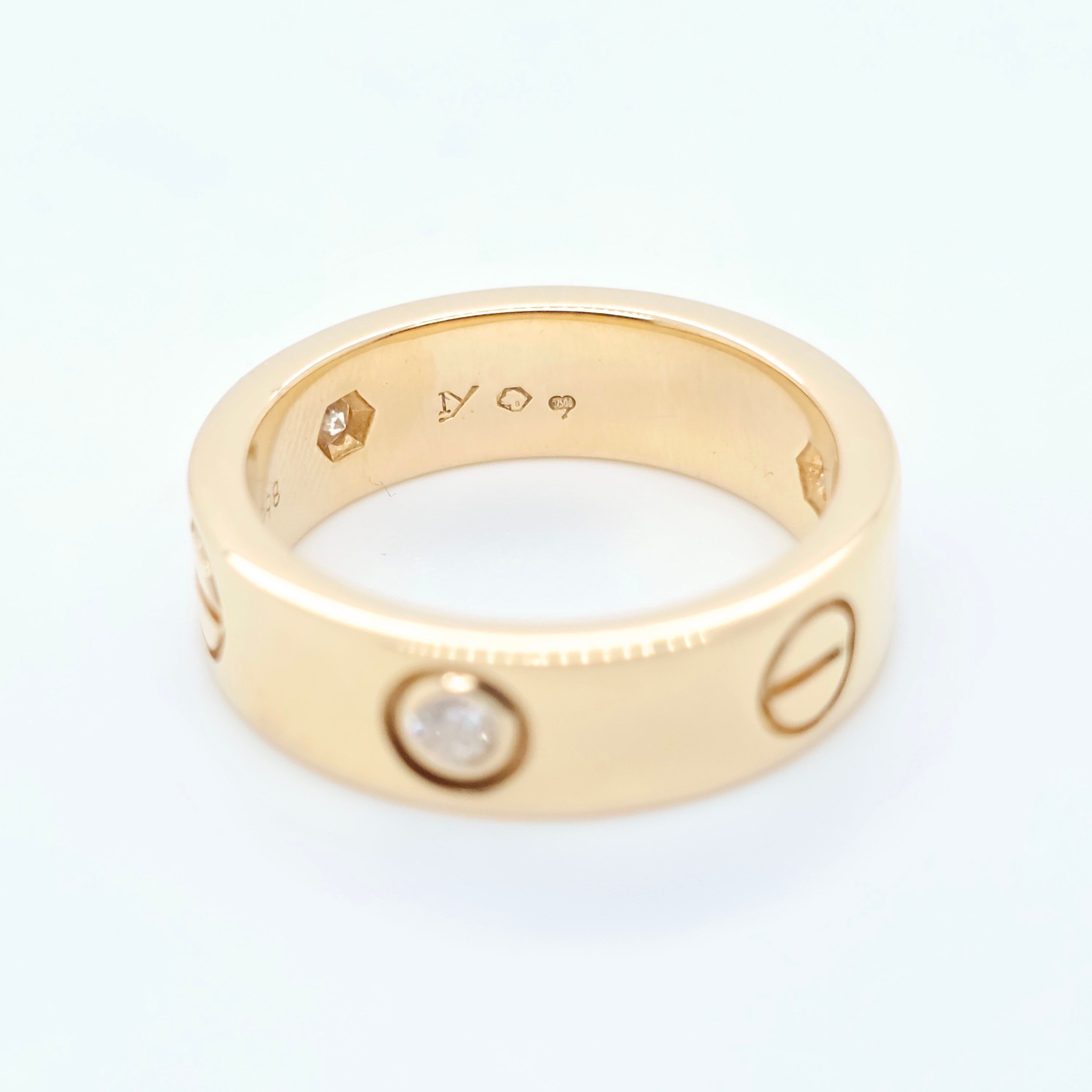 Cartier Love Ring, Classic Model, 3 Diamonds, 18ct Yellow Gold, Size 52/ L1/2 Chloe's Jewellers