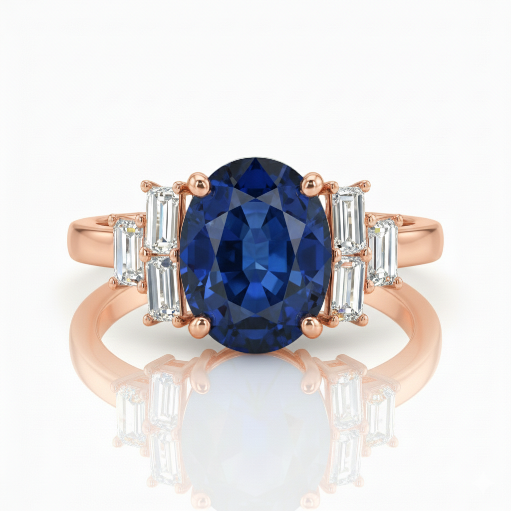1.85ct Oval Cut Blue Sapphire Engagement Ring with Side Stones