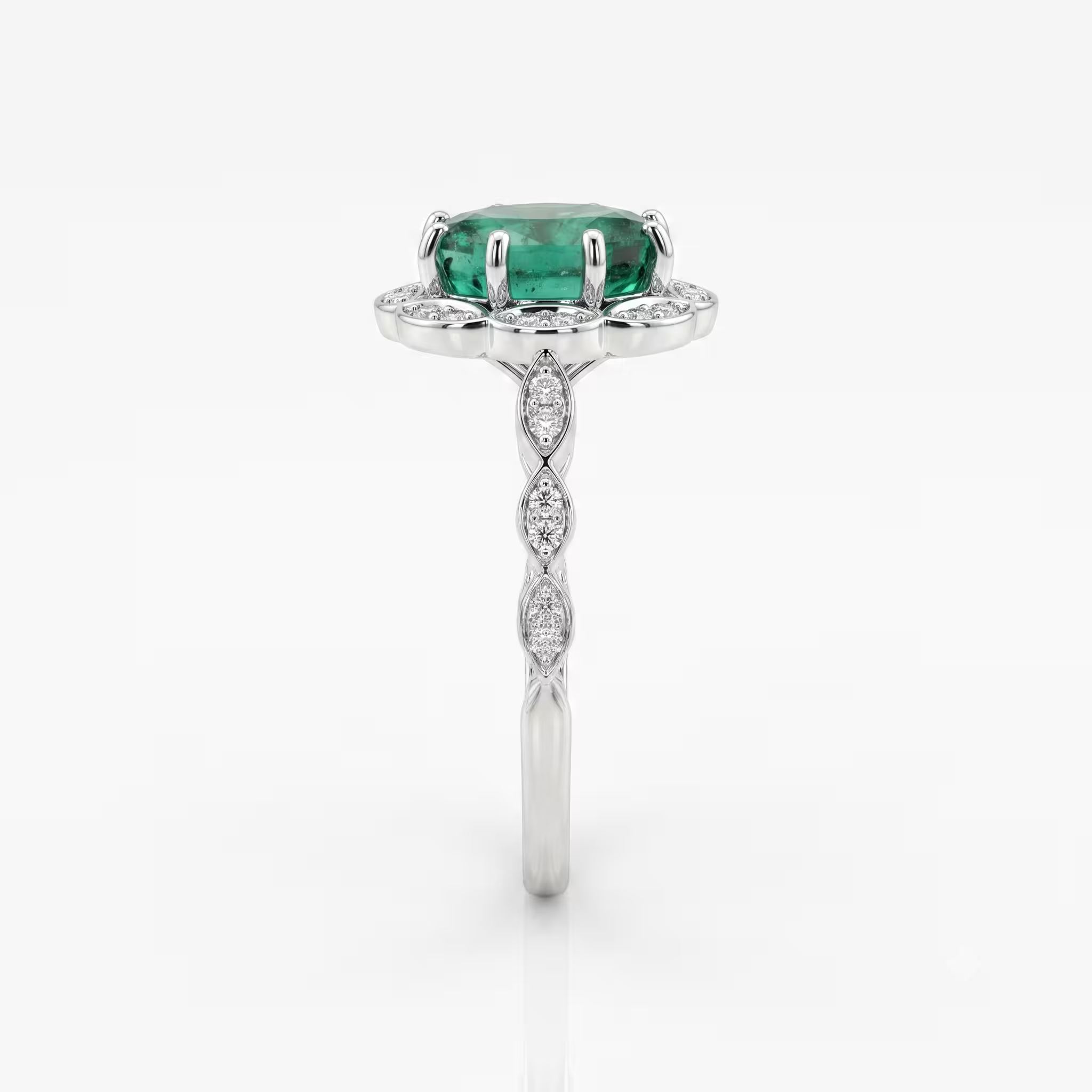 2.02ct Emerald Engagement Ring – Oval Halo, 18K Gold, F VS1 Diamonds