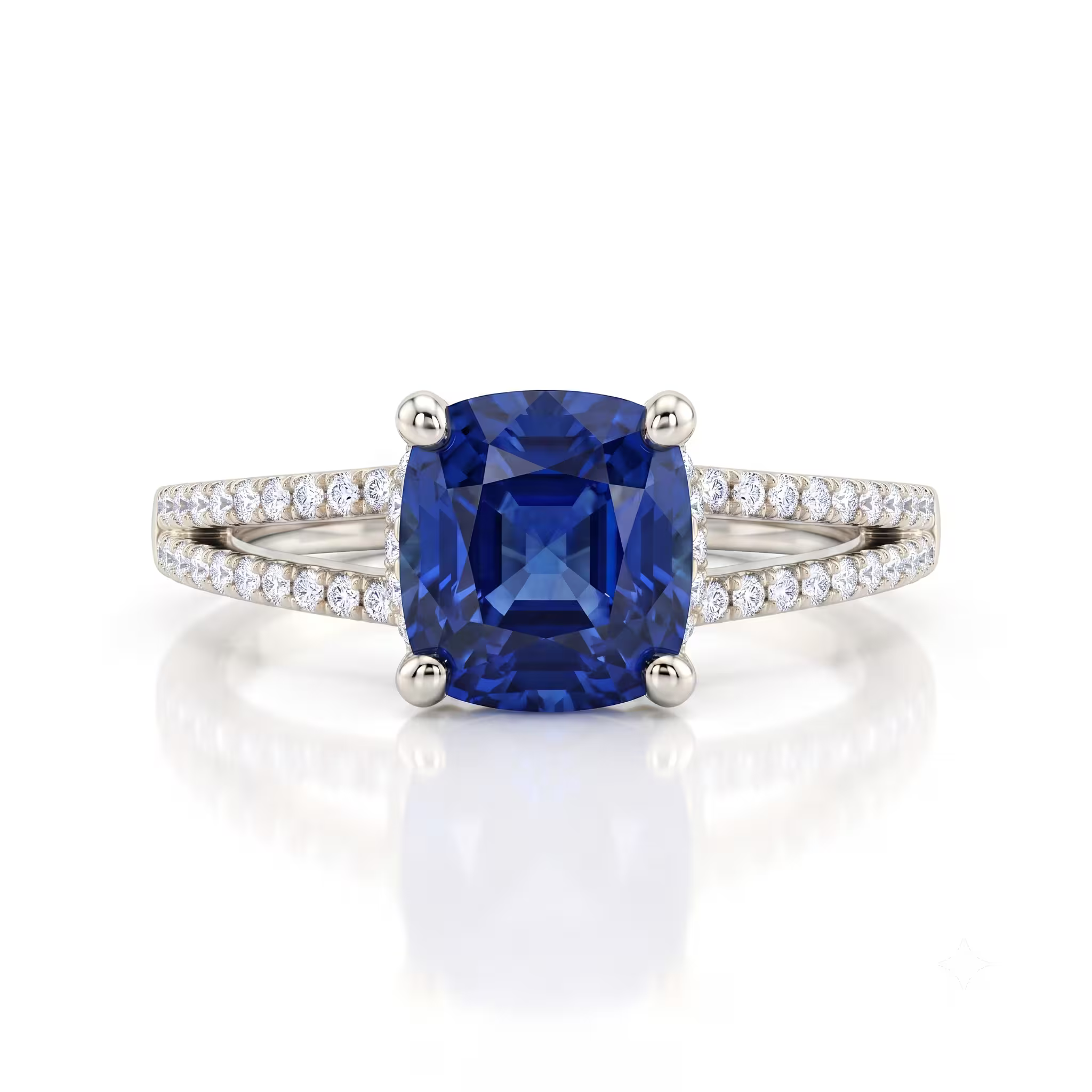 1.70ct Cushion Cut Blue Sapphire Engagement Ring with Split Shank Chloe's Jewellers