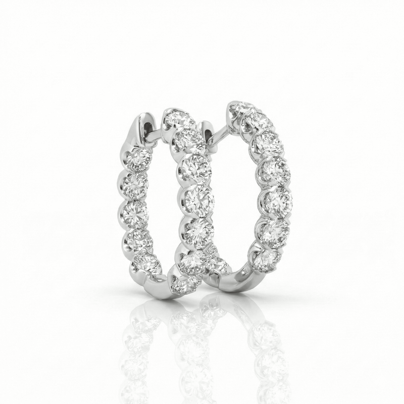 18K White Gold Claw Set In & Out Brilliant Cut Diamond Round Hoop Earrings 1.96CT