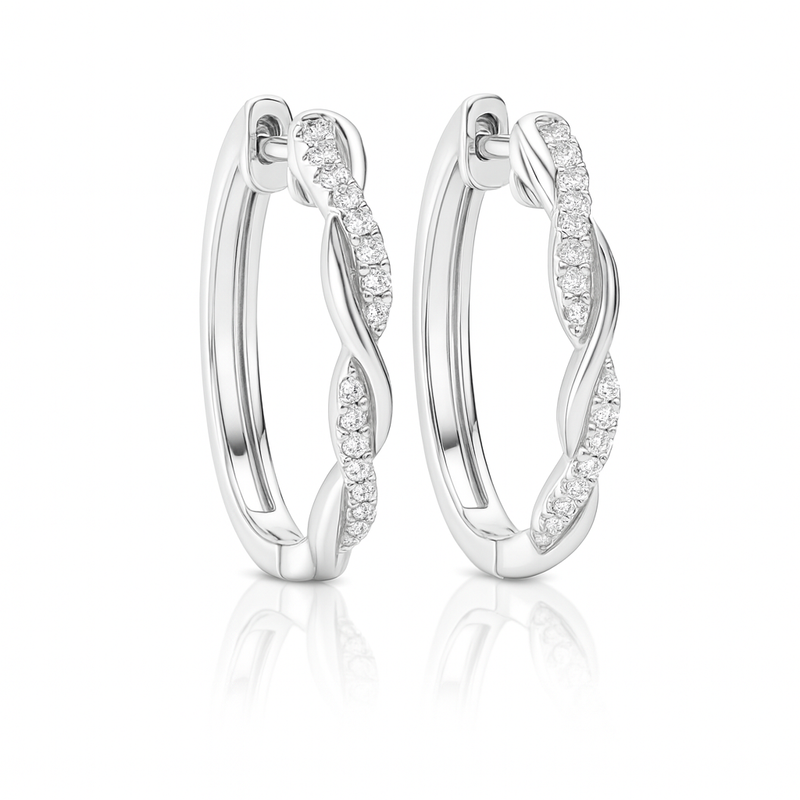 18K White Twisted Design Round Diamond Hoop Earrings 0.30CT