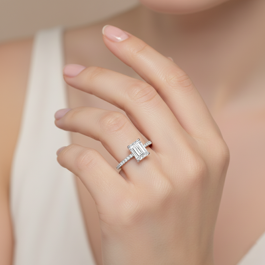 Natural Emerald Cut Diamond Cathedral Setting Engagement Ring 1.00CT