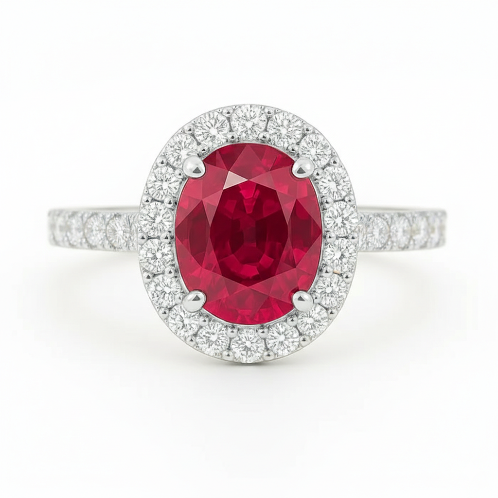 2.02ct Thai Ruby Ring – Oval Halo Setting, 18K Gold, E VS1 Diamonds