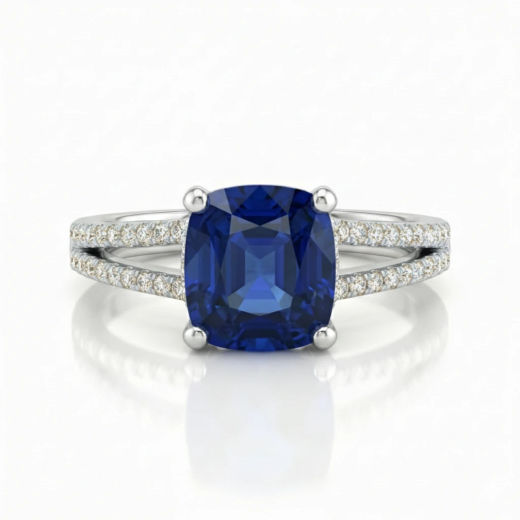 1.70ct Cushion Cut Blue Sapphire Engagement Ring with Split Shank