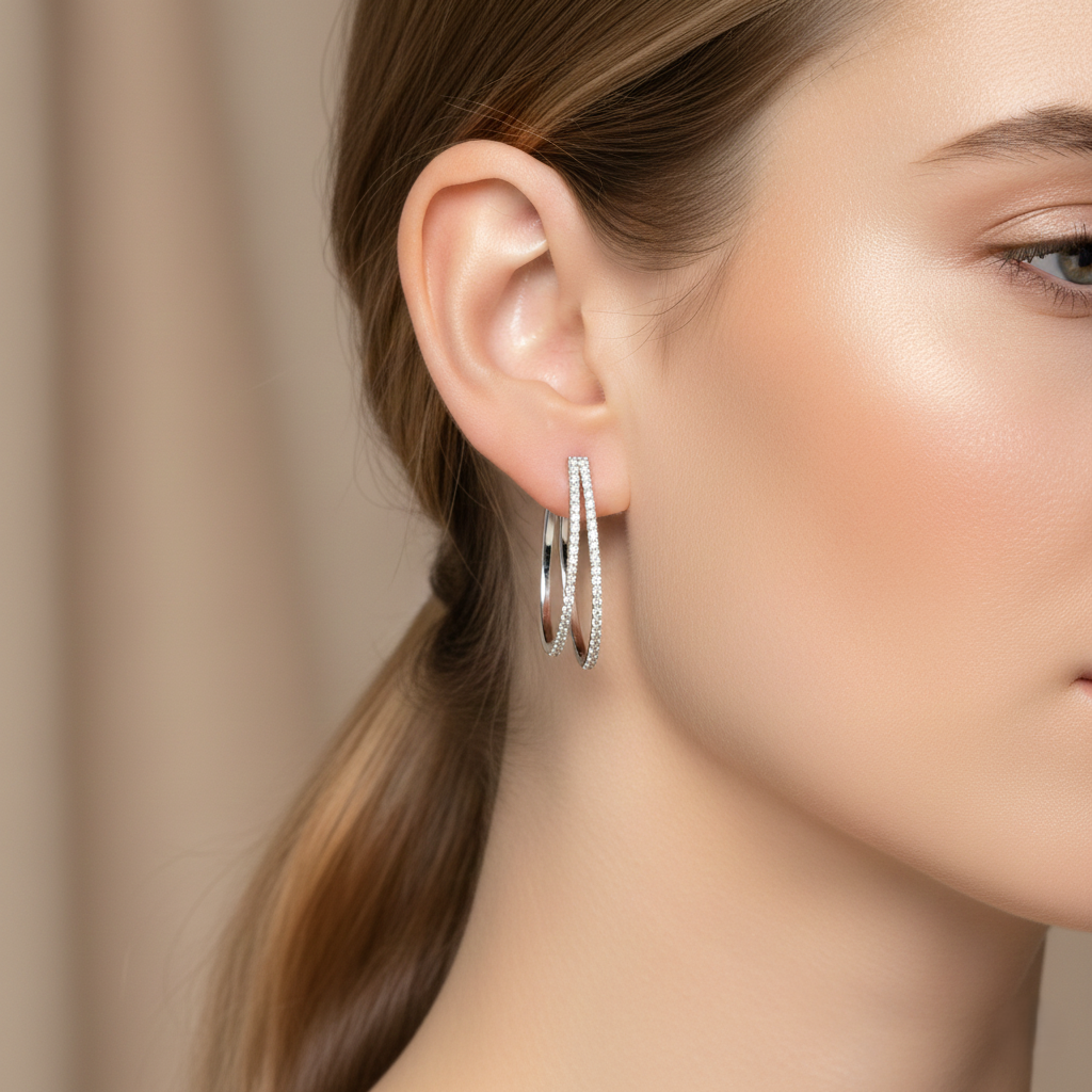 Double Oval Grain Set Diamond Gold Hoop Earrings