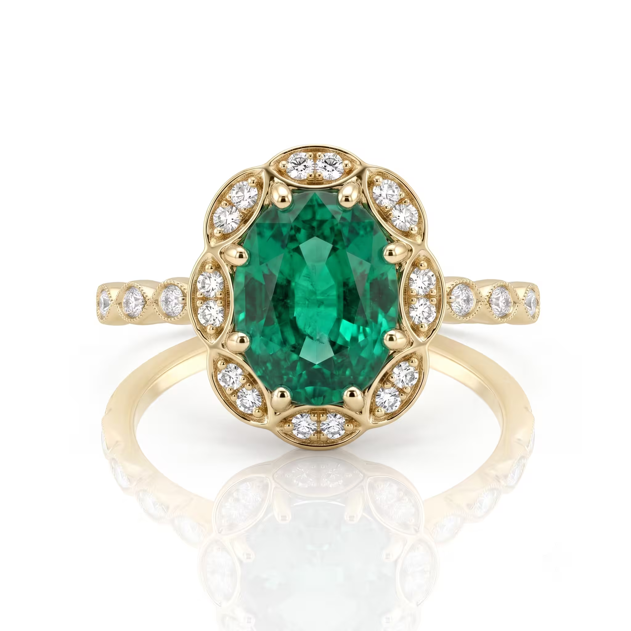2.02ct Emerald Engagement Ring – Oval Halo, 18K Gold, F VS1 Diamonds