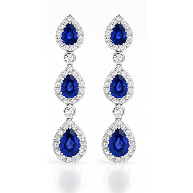 18K White Gold Pear Shape Blue Sapphire Halo Drop Earrings 1.20ct