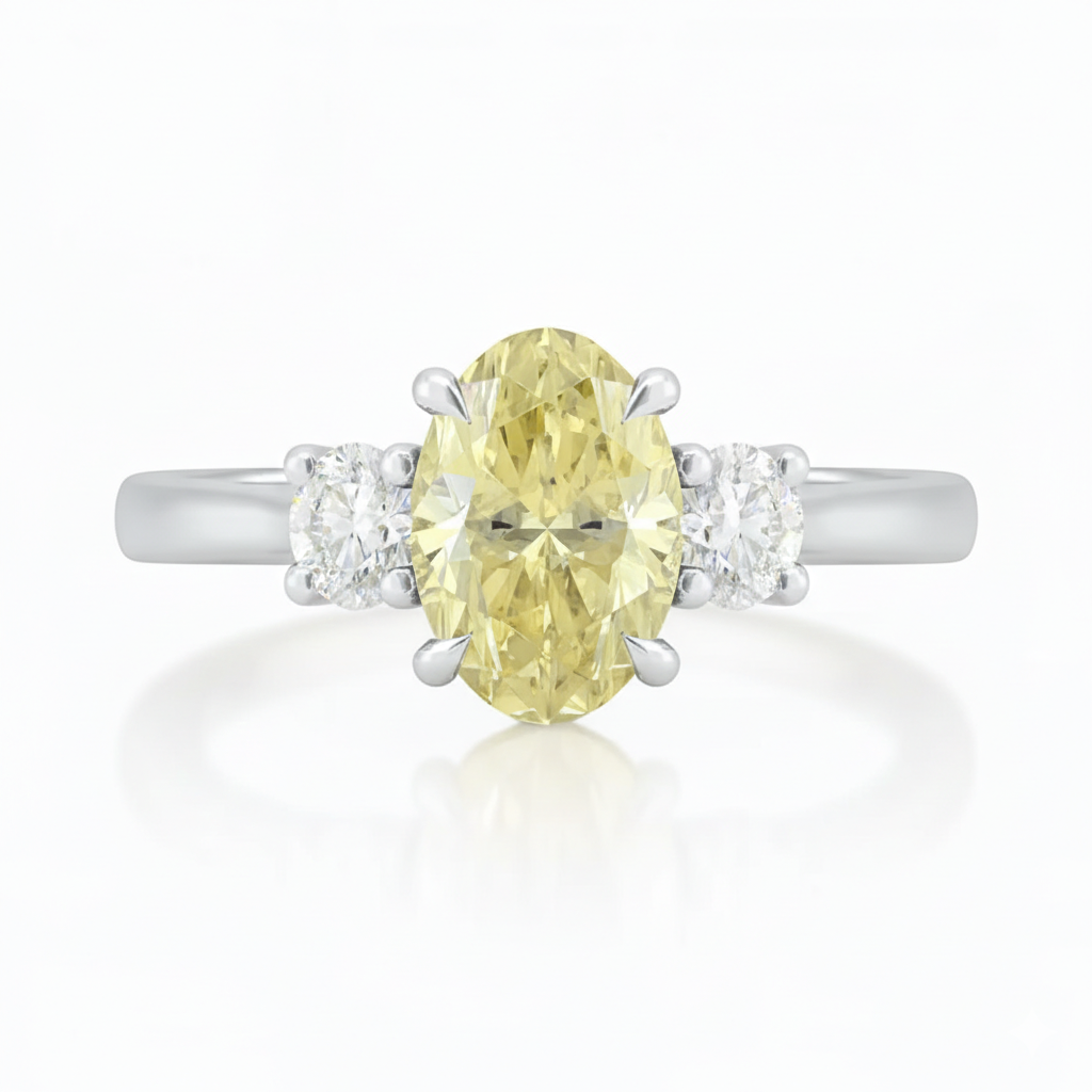 Trilogy Setting Natural Fancy Intense Yellow Oval Diamond Engagement Ring