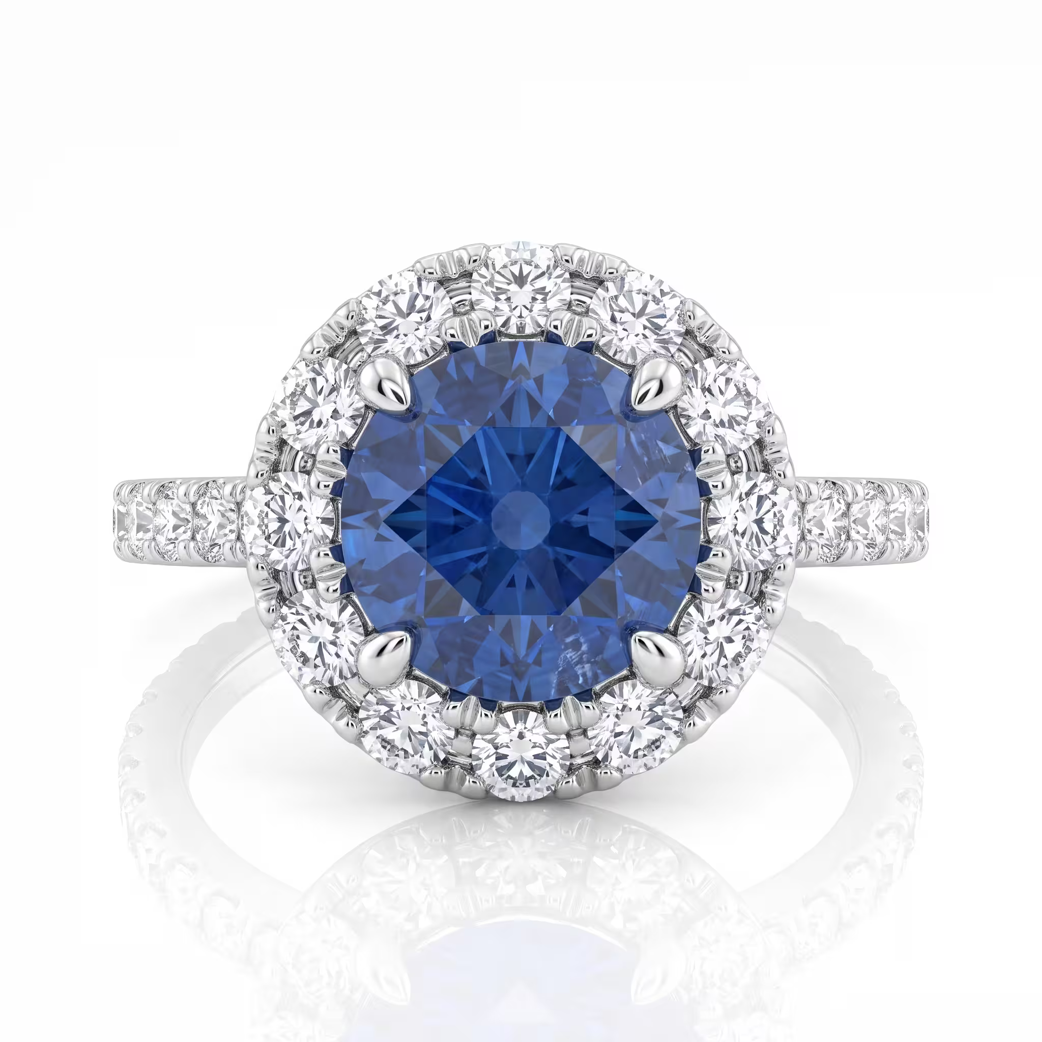 2.14ct Round Cut Blue Sapphire Halo Set Engagement Ring - 18K Gold Chloe's Jewellers