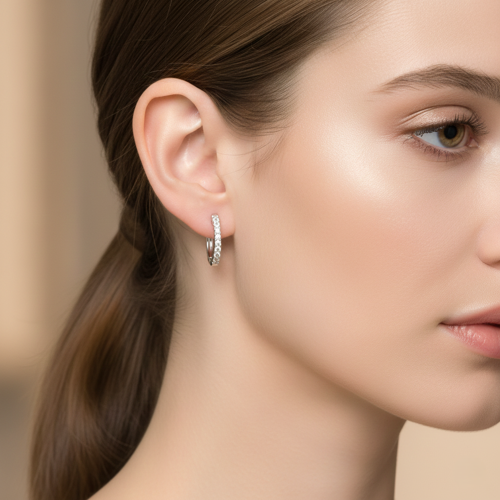 18K White Gold Grain Set Oval Hoop Diamond Earrings 0.30CT