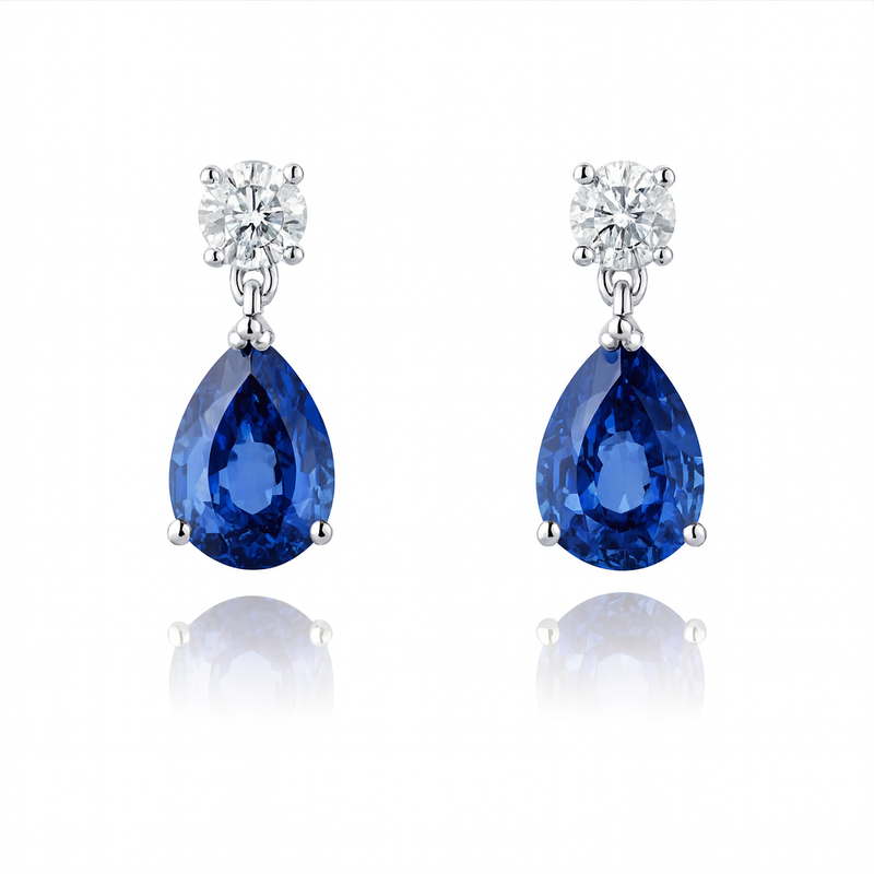 18K White Gold Pear Shape Blue Sapphire Drop Earrings 4ct