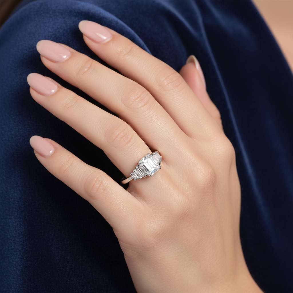 Natural Emerald Cut Diamond Shoulder Stone Setting Engagement Ring 0.71CT