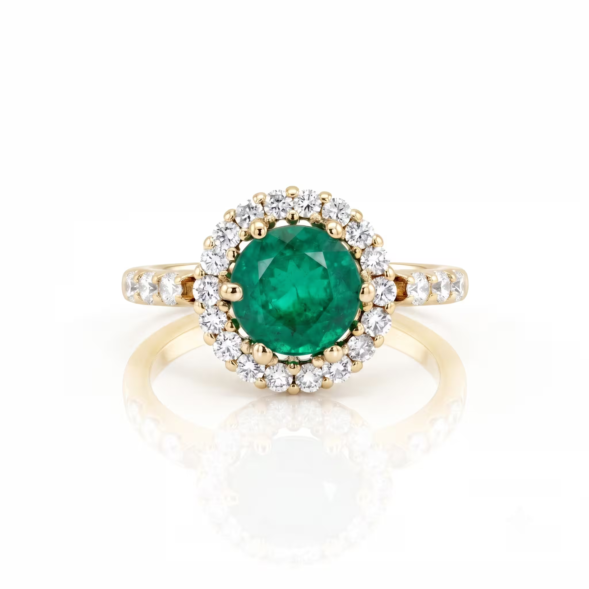 1.00ct Round Cut Zambain Emerald Halo Setting Engagement Ring - 18K Gold