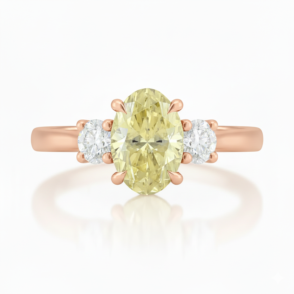 Trilogy Setting Natural Fancy Intense Yellow Oval Diamond Engagement Ring
