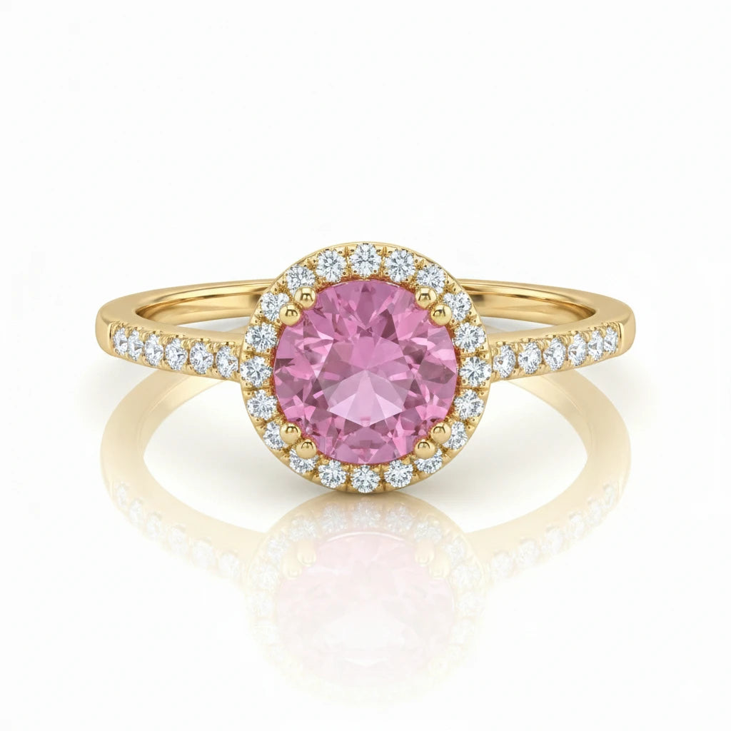0.66ct Round Cut Pink Sapphire Halo Setting Engagement Ring