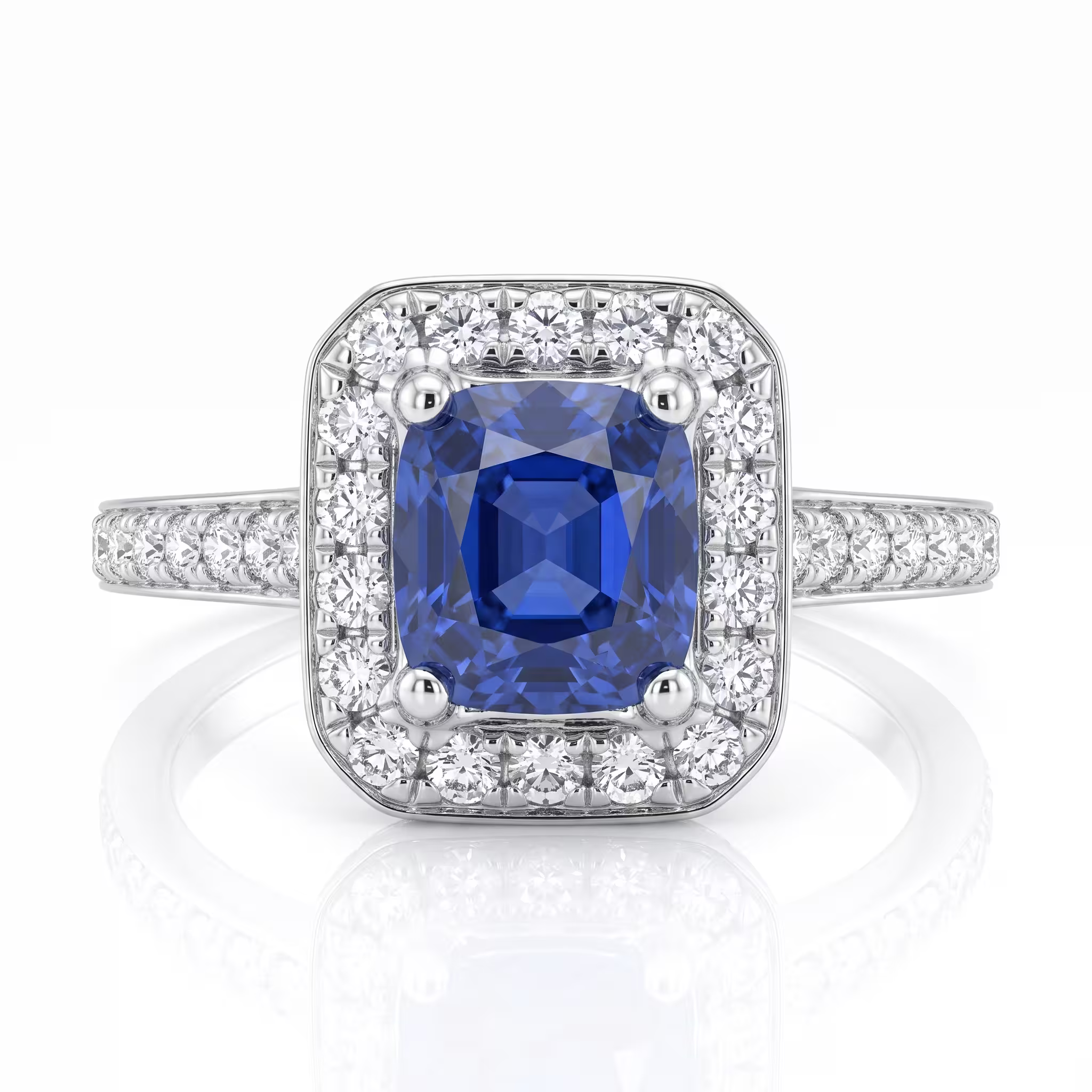 1.02ct Cushion Cut Blue Sapphire Halo Setting Engagement Ring - 18K Gold Chloe's Jewellers