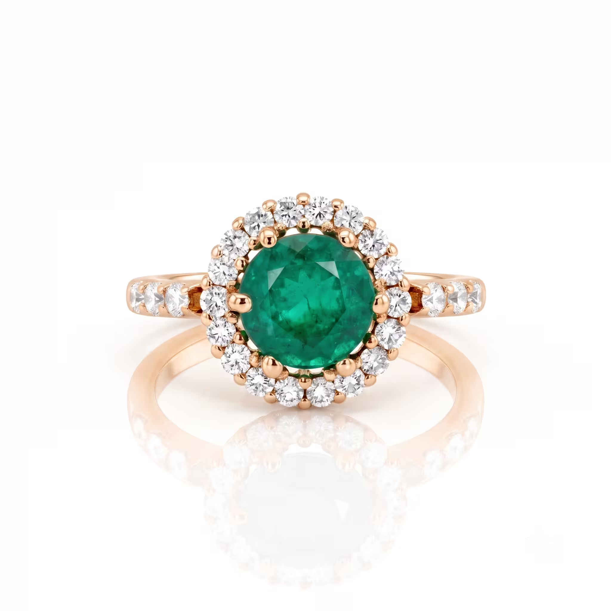 1.00ct Round Cut Zambain Emerald Halo Setting Engagement Ring - 18K Gold